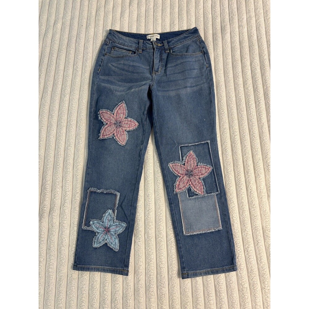 Coldwater Creek Patchwork Flowers straight jeans Womens 6p Boho Whimsical garden